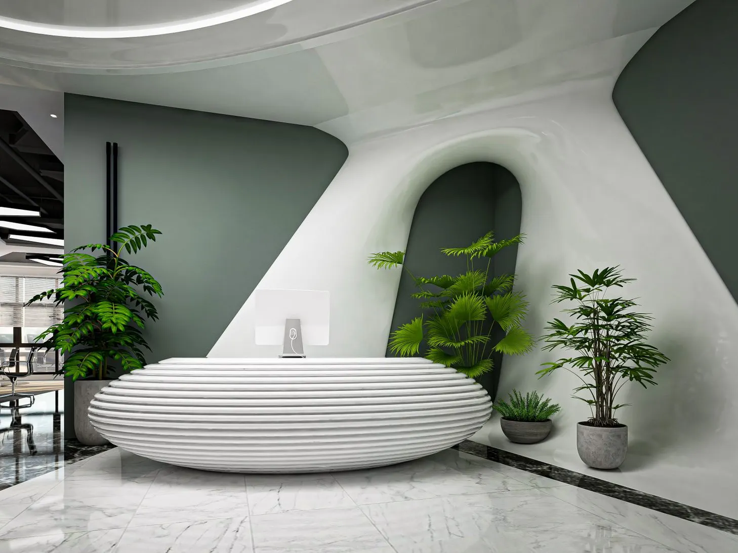 Recepção corporativa com balcão escultural branco e plantas